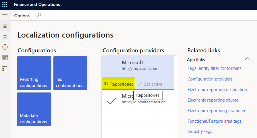 Botón de repositorios para el proveedor de configuración de Microsoft.