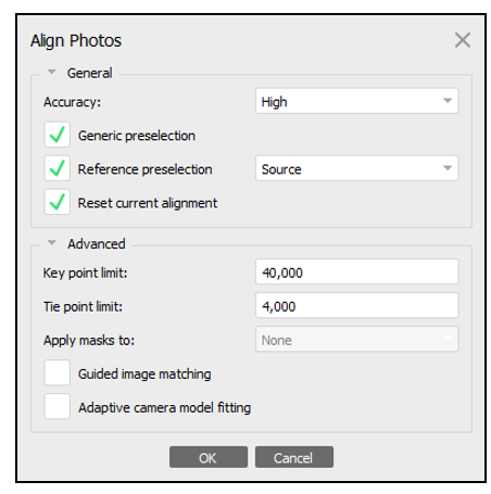 Configuración predeterminada de Align Photos.