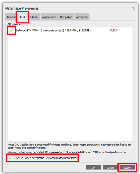 Configuración de la pestaña GPU.