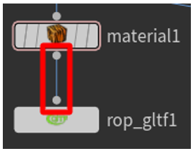 Conexión del nodo material1 con el nodo rop_gltf1.