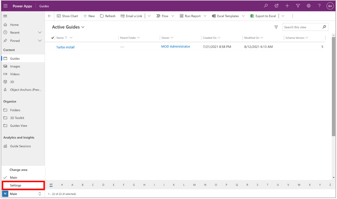 Captura de pantalla de Configuración principal para Guides en Power Apps.