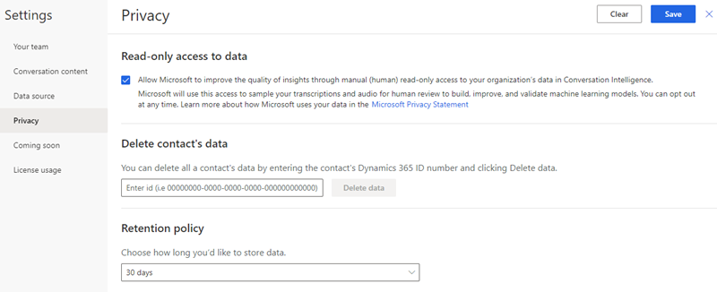 Página de configuración de privacidad en la aplicación Inteligencia de conversaciones.
