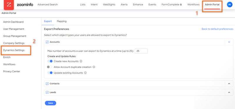 Seleccione la configuración de Dynamics del portal de administración en ZoonInfo