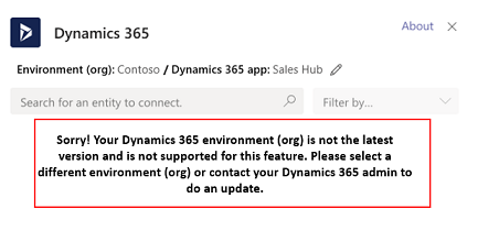 Error, lamentablemente su entorno de Dynamics 365 no es la versión más reciente y no se admite para esta característica.