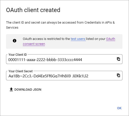 Captura de pantalla en la que se muestra el Id. de cliente de OAuth y el secreto de cliente.