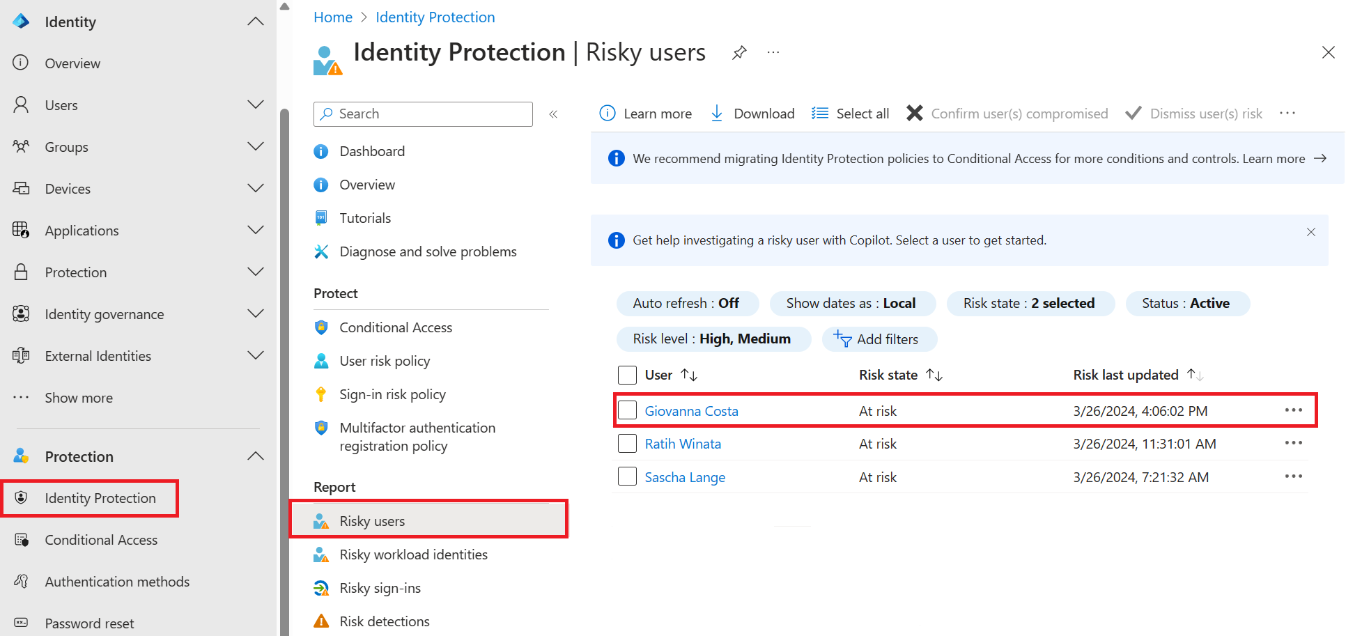 Captura de pantalla que muestra el informe de usuarios de riesgo de Protección de id.