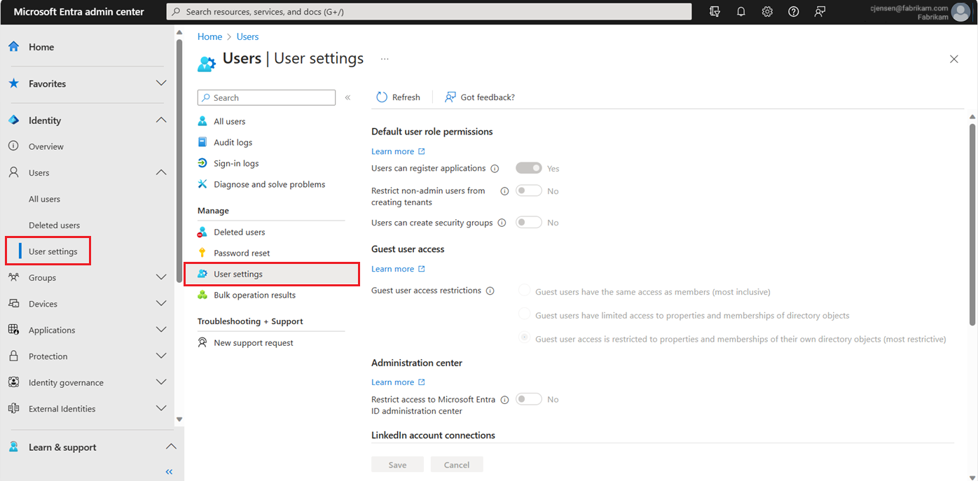 Captura de pantalla de la página Configuración de usuario en Microsoft Entra ID.