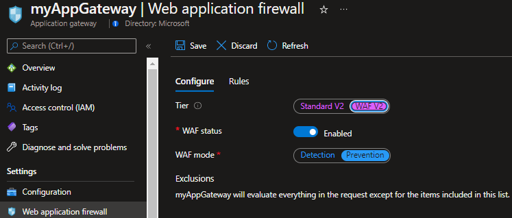 Captura de pantalla de la habilitación del WAF en Application Gateway.