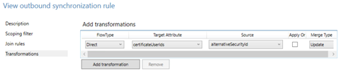 Captura de pantalla de la regla de sincronización de salida para transformar desde el atributo alternateSecurityId a certificateUserIds.