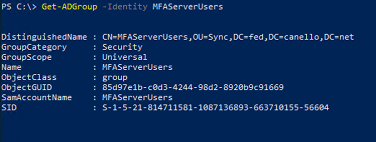 Comando de PowerShell de Microsoft Graph para obtener el SID del grupo.