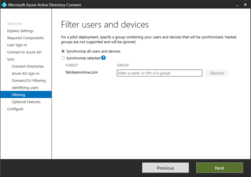 Captura de pantalla que muestra la página donde puede elegir cómo filtrar usuarios y dispositivos.