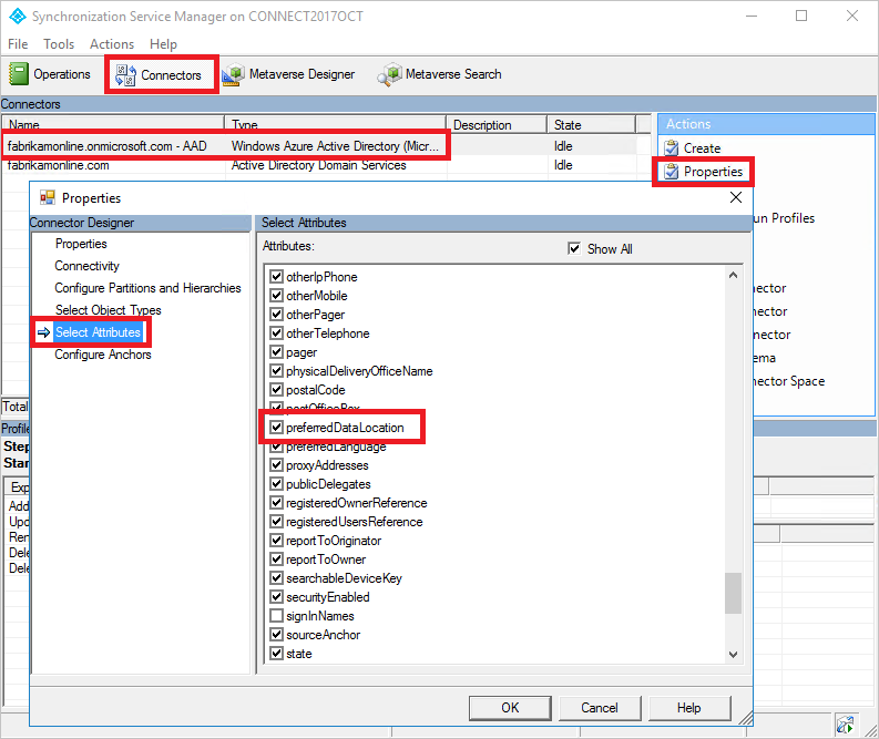 Captura de pantalla de Synchronization Service Manager y el cuadro de diálogo Propiedades