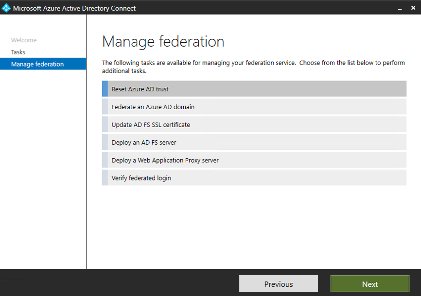 Captura de pantalla que muestra el panel Administrar federación, con la opción Restablecer Microsoft Entra ID seleccionada.