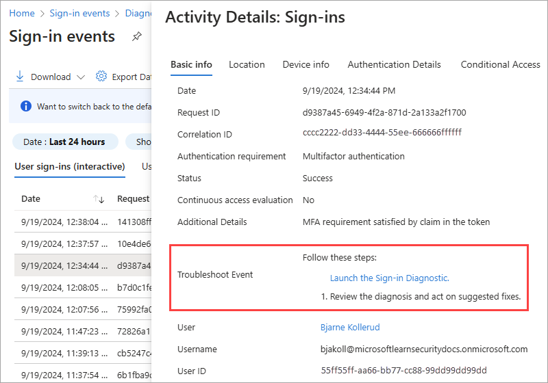 Captura de pantalla que muestra cómo iniciar diagnósticos de inicios de sesión desde Microsoft Entra ID.