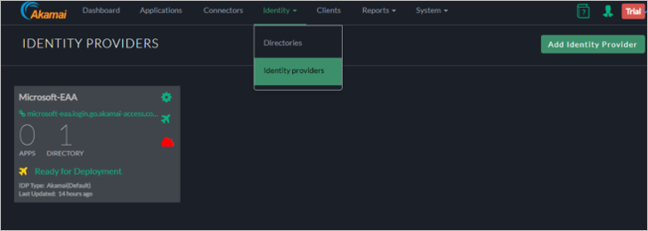 Captura de pantalla de la ventana Identity Providers (Proveedores de identidades) de la consola de Akamai EAA. Seleccionar Identity Providers (Proveedores de identidades) en el menú Identity (Identidad) y seleccionar la opción Add Identity Provider (Agregar un proveedor de identidades).