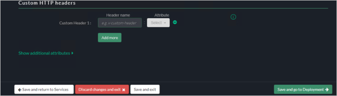 Captura de pantalla de la configuración de los encabezados HTTP personalizados de la consola de Akamai EAA para SECRETRDPAPP con el botón Guardar e ir a implementación en la esquina inferior derecha.