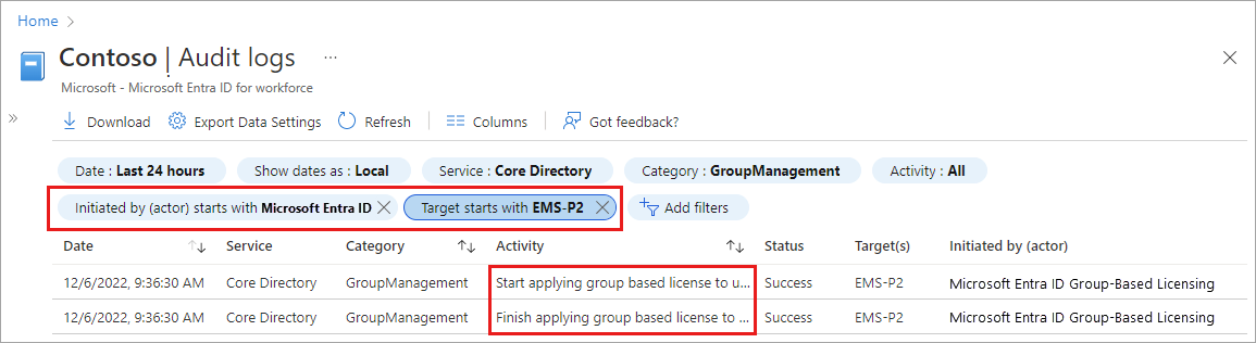 Captura de pantalla de los filtros del registro de auditoría de Microsoft Entra y las horas de inicio y finalización de los cambios de licencia.