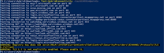 Salida de ejemplo de Test-HybridConnectivity.