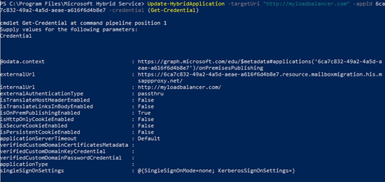 Salida del comando Update-HybridConfiguration.