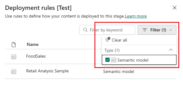 Una captura de pantallas del panel de reglas de implementación que muestra la configuración de reglas para flujos de datos, conjuntos de datos, datamarts e informes paginados.