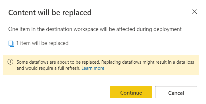Captura de pantalla de la advertencia de contenido sustituido que aparece cuando una implantación está a punto de provocar cambios en los elementos del escenario en el que se está implantando.