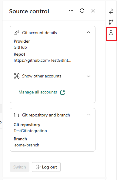 Captura de pantalla de la pestaña Cuentas en el panel Control de código fuente en la que se muestran los detalles de Git y los nombres de la rama y el repositorio.