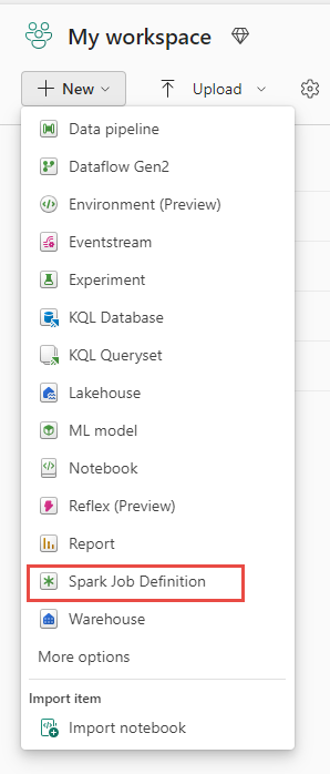 Captura de pantalla que muestra dónde seleccionar la tarjeta de definición de trabajo de Spark.