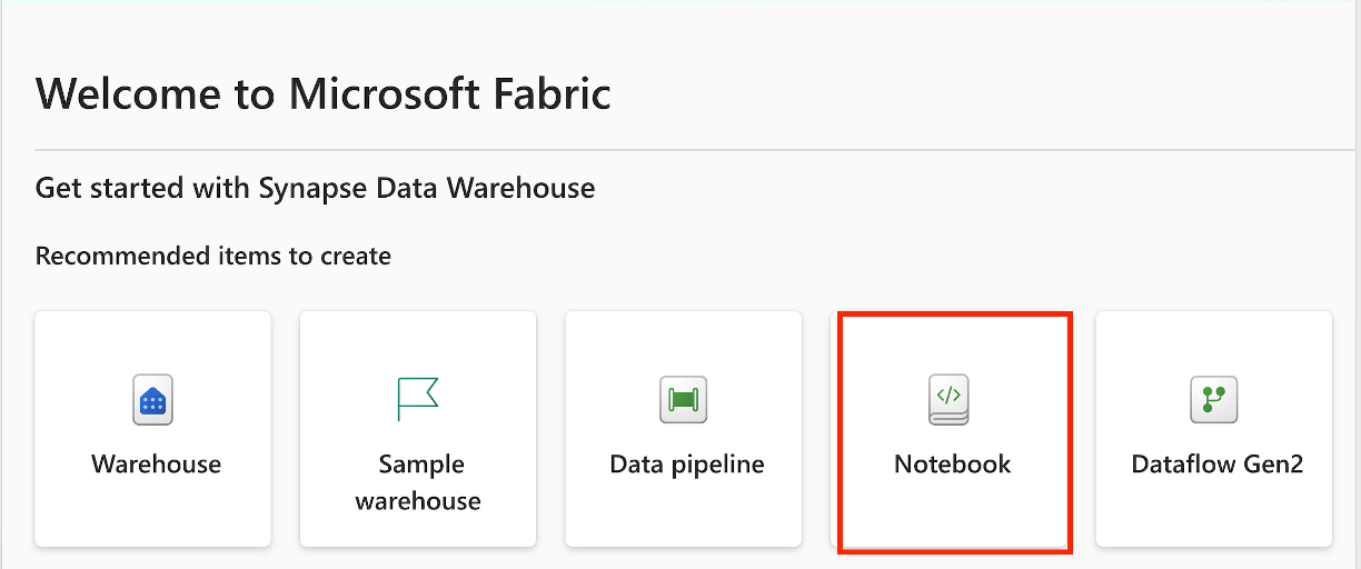 Captura de pantalla de la creación de una entrada de cuaderno de T-SQL en la página principal del almacenamiento de datos