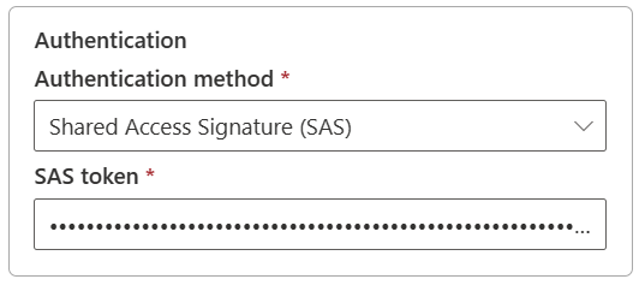 Captura de pantalla que muestra ese método de autenticación de firma de acceso compartido para Azure Data Lake Storage Gen2.