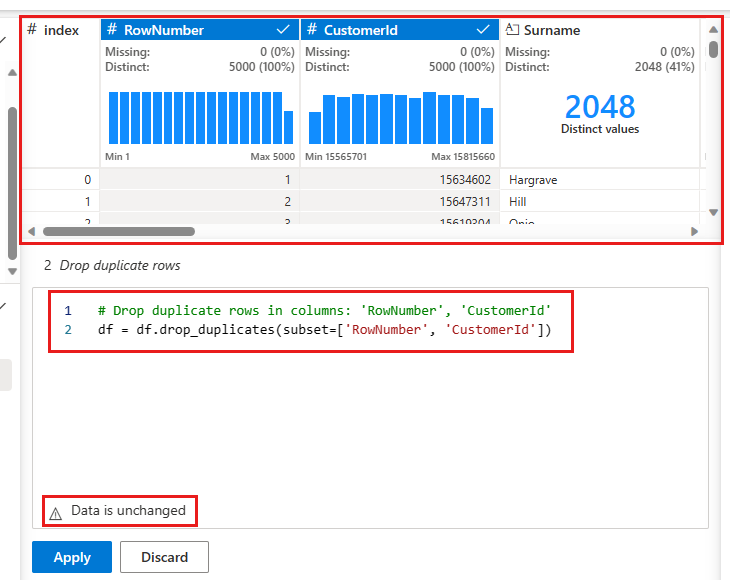 Captura de pantalla que muestra la eliminación de filas duplicadas en Data Wrangler.