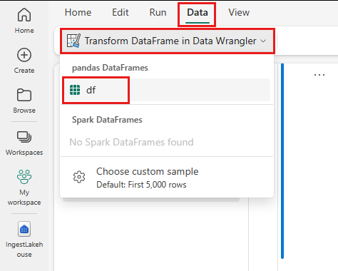 Captura de pantalla que muestra cómo iniciar el data wrangler desde un cuaderno.