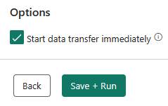 Captura de pantalla que muestra la opción de iniciar la operación de transferencia de datos inmediatamente y los botones Atrás y Guardar + Ejecutar.