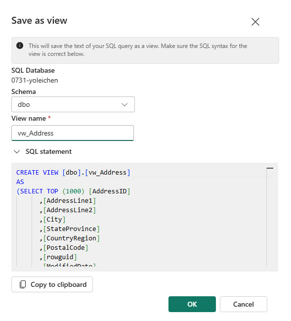 Captura de pantalla del portal de Fabric del editor de consultas SQL de la ventana de características Guardar como vista