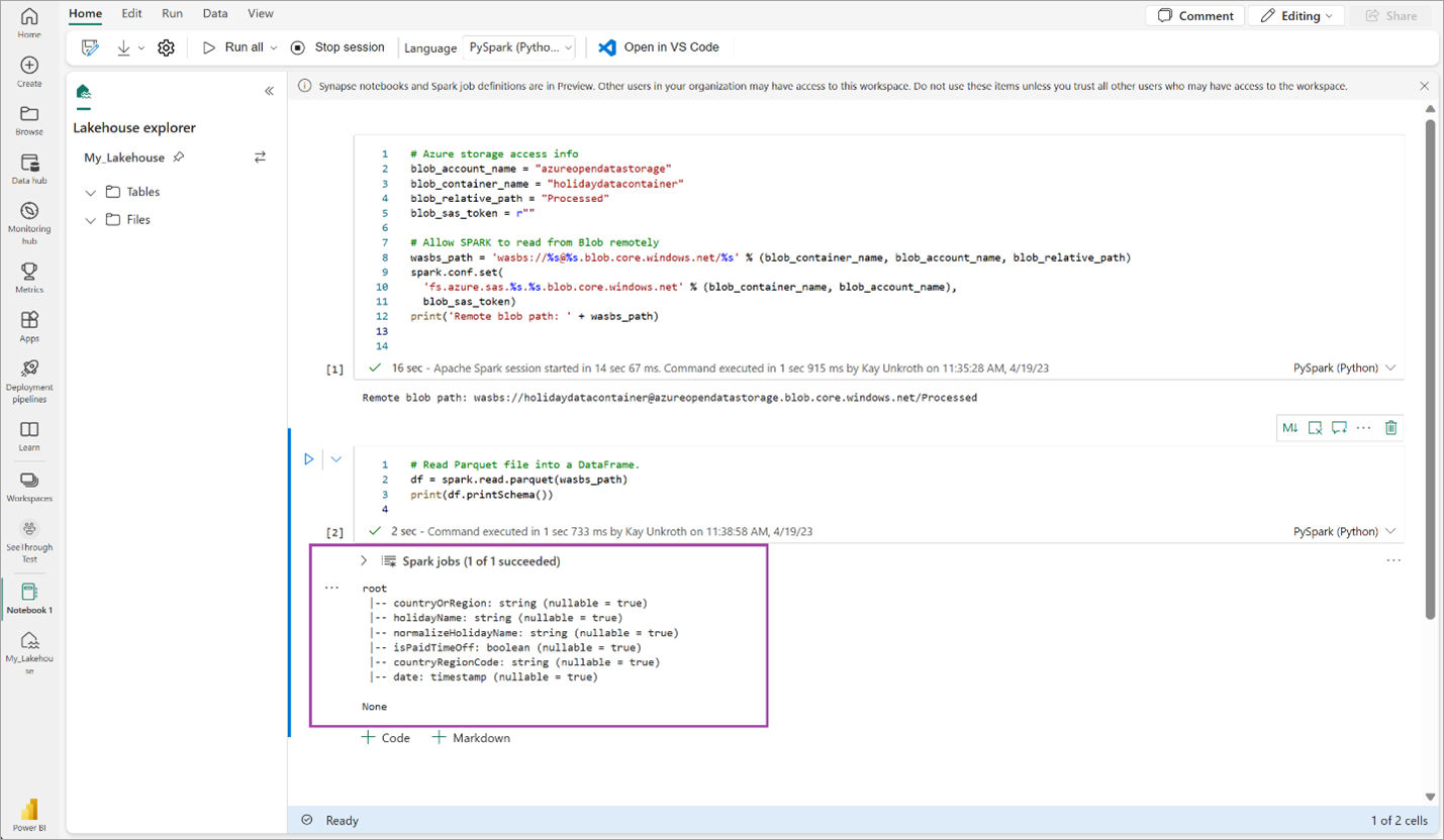 Captura de pantalla que muestra la salida de esquema DataFrame.