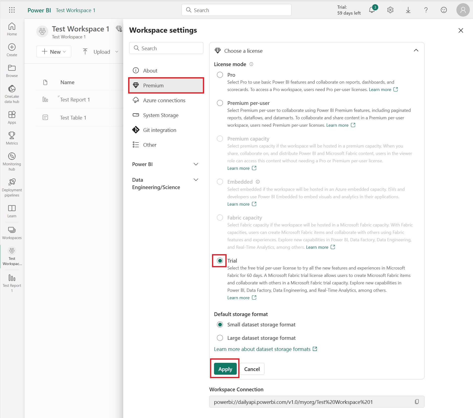 Captura de pantalla de la configuración del área de trabajo de la versión de evaluación.