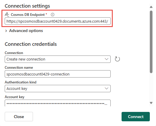 Captura de pantalla en la que se muestra la sección Configuración de la conexión de la página Nueva conexión.