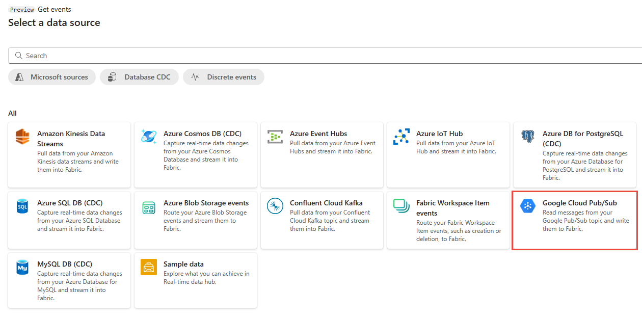 Captura de pantalla en la que se muestra la página Selección de un origen de datos con Google Cloud Pub/Sub seleccionado.