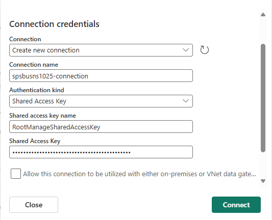 Captura de pantalla que muestra la página uno de Conectar para el conector de Azure Service Bus.