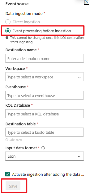 Captura de la pantalla de configuración de la base de datos KQL para el procesamiento de eventos antes de la ingesta.