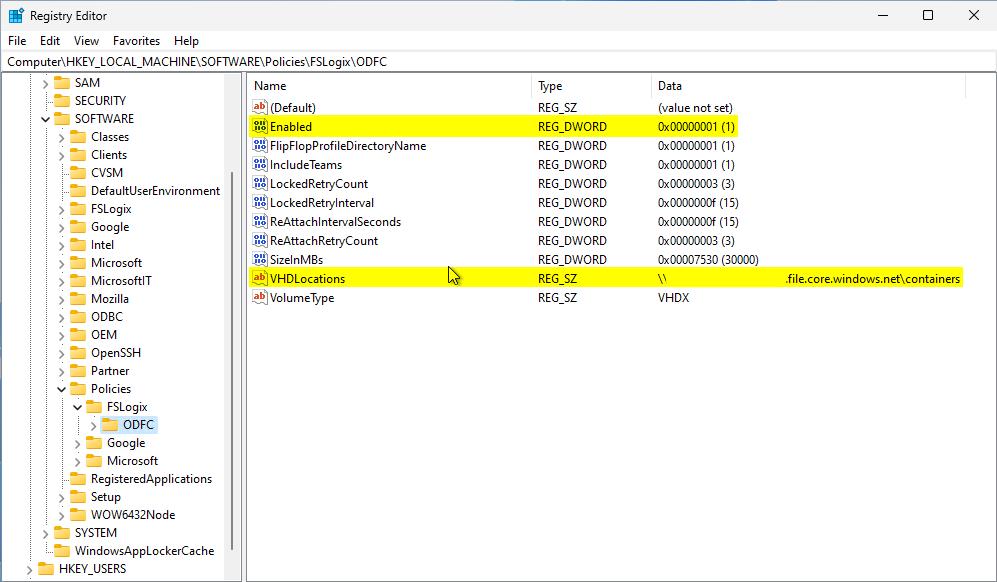 f s logix Registry settings odfc