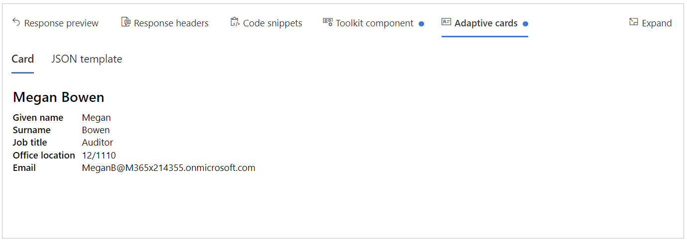Captura de pantalla de la pestaña tarjetas adaptables en el Explorador de Graph con los detalles de respuesta resaltados.