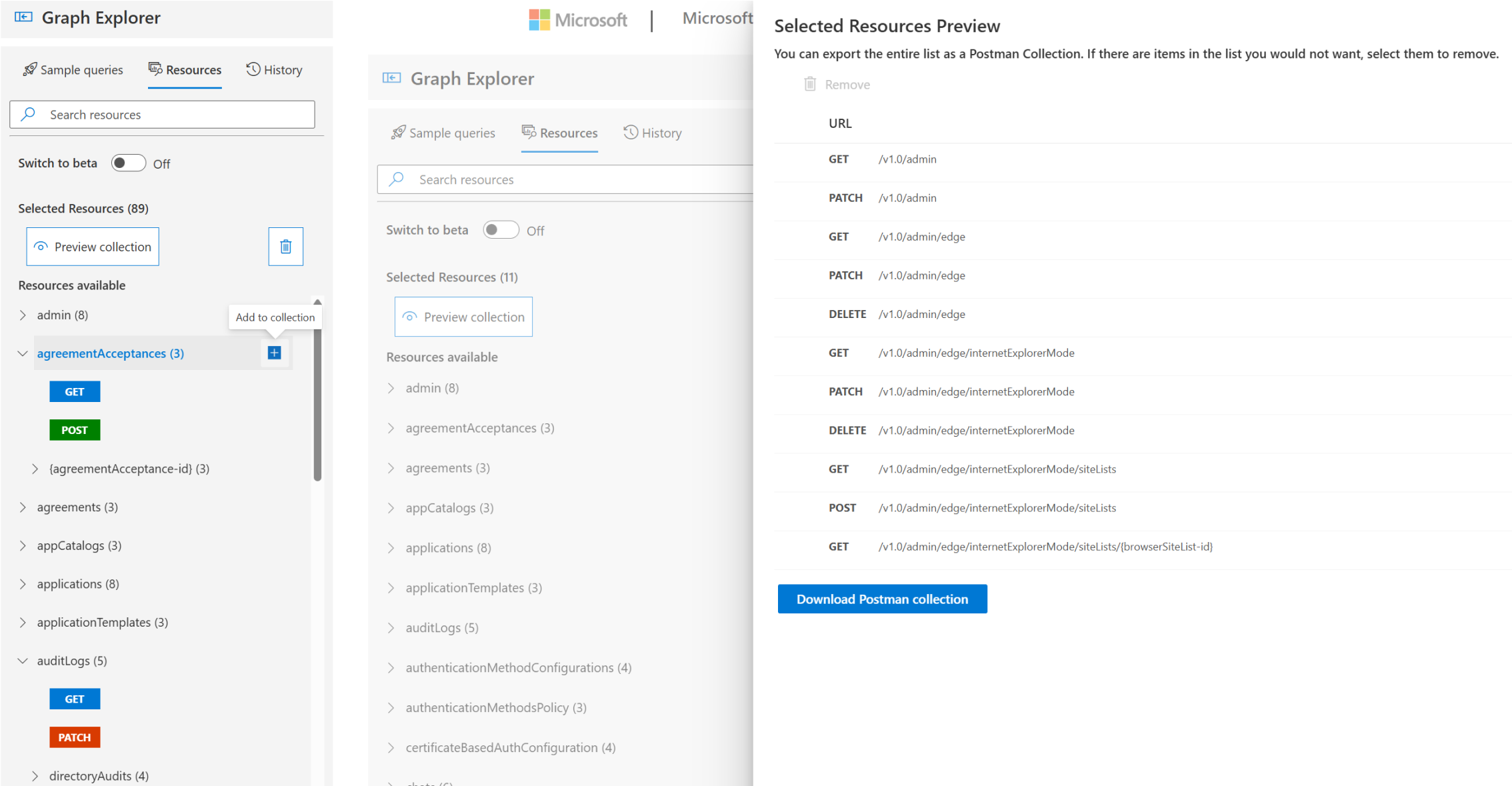 A la izquierda se muestra una captura de pantalla de la pestaña Recursos del Explorador de Graph. En el lado derecho se muestra el panel Vista previa de la colección. 