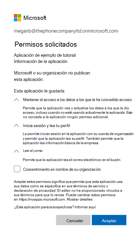 Cuadro de diálogo de consentimiento para una cuenta de Microsoft