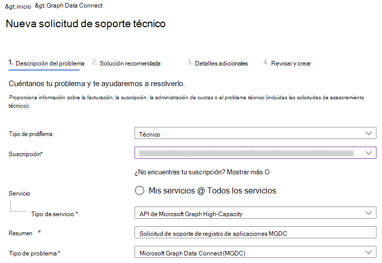 Captura de pantalla que muestra la selección de temas en una solicitud de soporte técnico de Azure para hacer referencia a un problema con Microsoft Graph Data Connect.