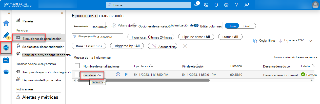 Captura de pantalla de la página Ejecuciones de canalización de Azure Portal con pipeline1 resaltado.