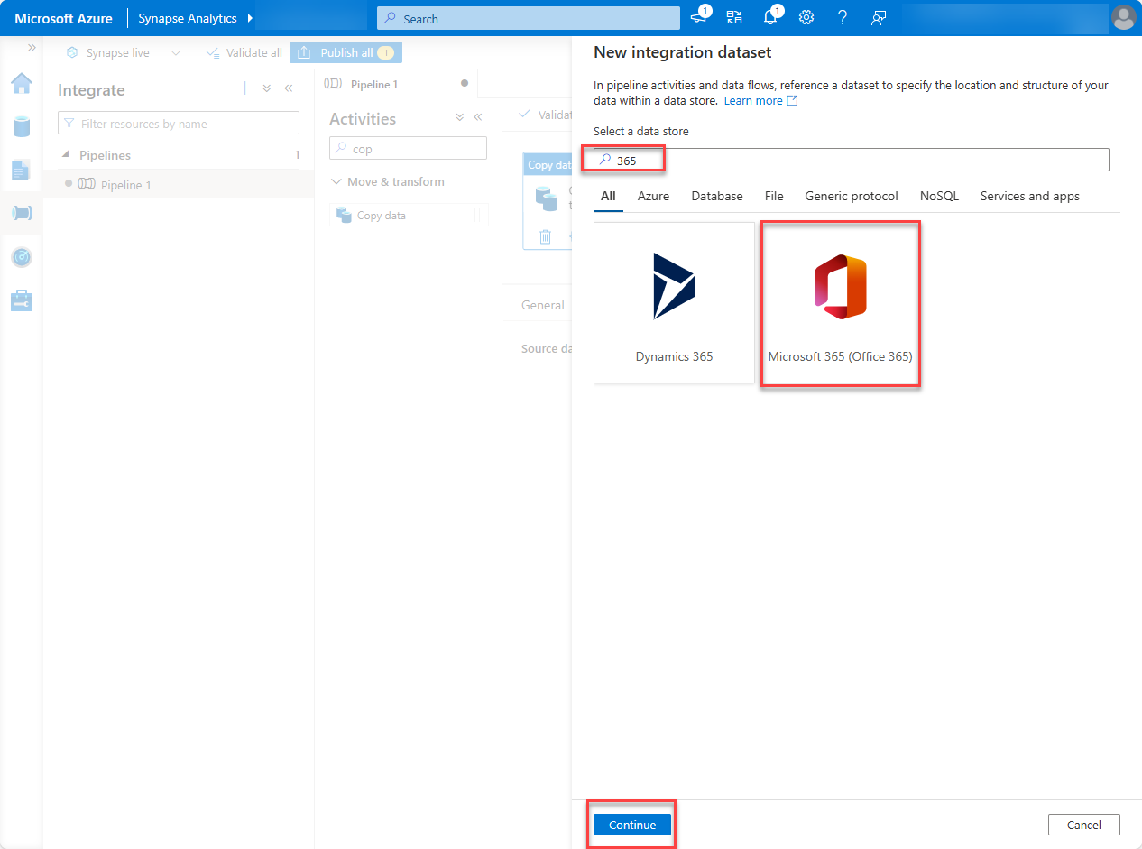 Captura de pantalla de la página Nuevo conjunto de datos de integración con Microsoft 365 (Office 365) y Crear nuevo resaltado.