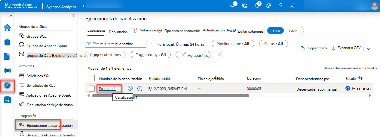 Captura de pantalla de la página Ejecuciones de canalización con las ejecuciones de canalización resaltadas.