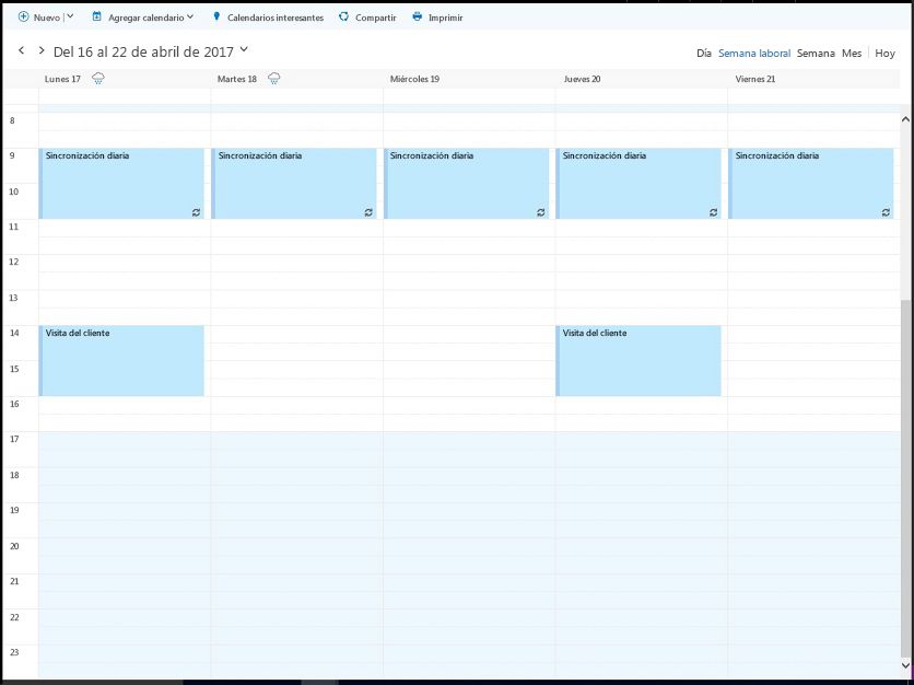 Calendario de trabajo del organizador del 17 al 21 de abril en el que se muestran las horas de disponibilidad