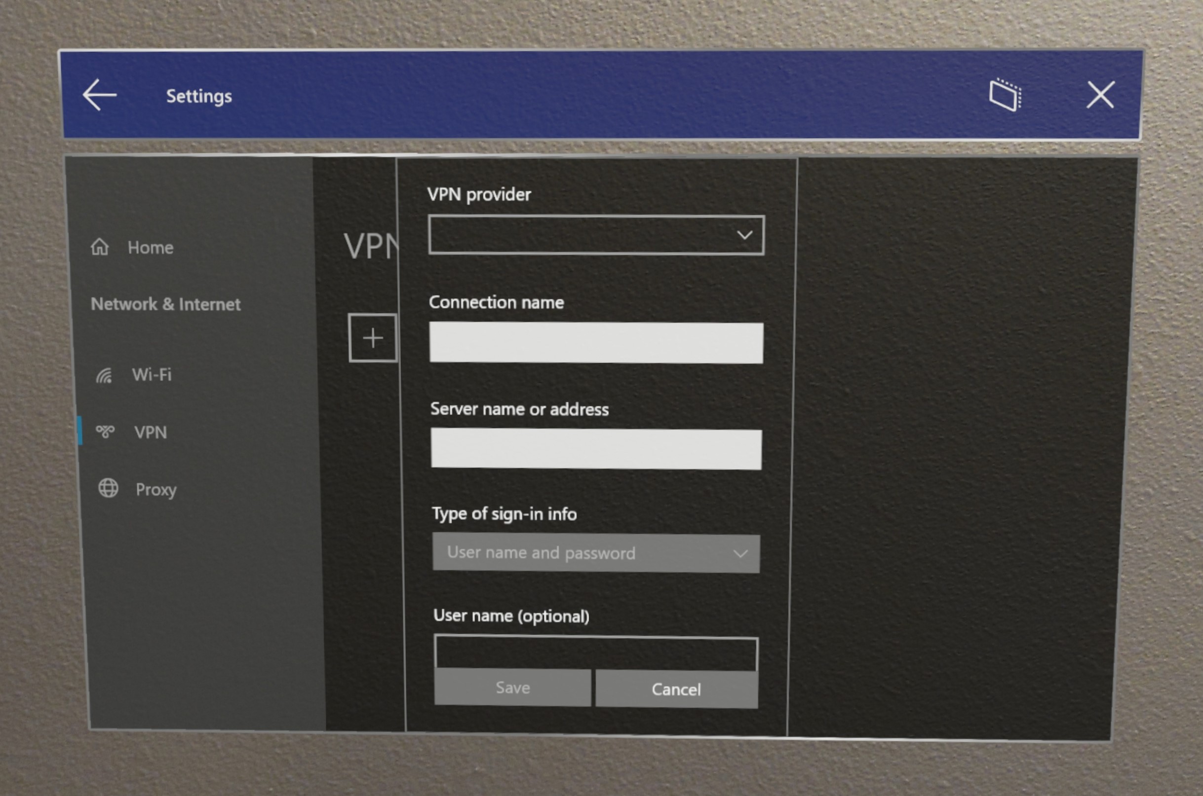 Configuración de VPN de HoloLens.