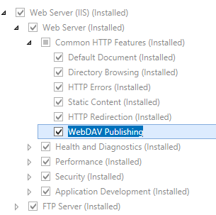 Image of Web Server and Common H T T P Features pane expanded and Web DAV Publishing selected.